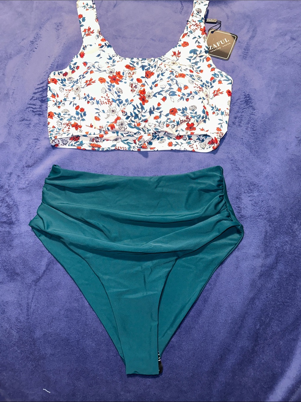 Zaful White Floral Crop Bikini Top with Teal High-Waist Bottoms